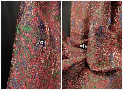 Gold Thread Jacquard Fabric: Red Blue 3D Designer Fabric (55"W By 1 Meter)