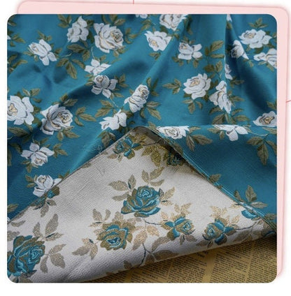 Tissu jacquard à motif floral bleu : tissu d'ameublement métallisé en relief, 160 cm de large