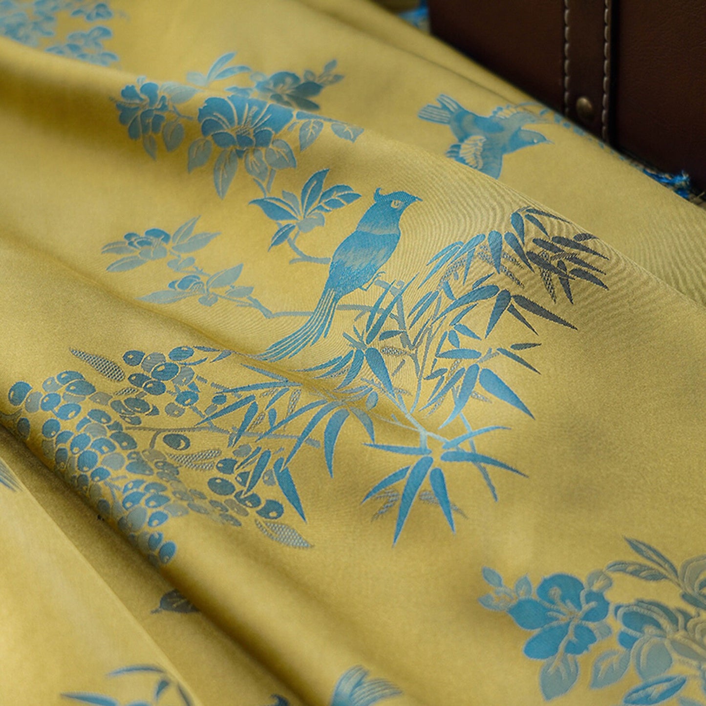 Jacquard Rayon Fabric: Bird & Floral Print, 59" Wide - By The Meter