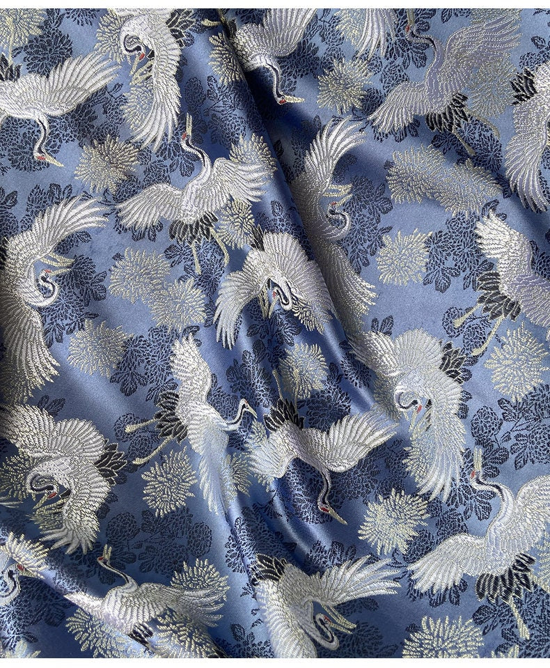 Blue Crane Jacquard Satin Fabric: Antique Cheongsam Sewing Fabric