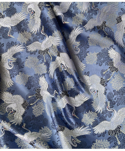 Blue Crane Jacquard Satin Fabric: Antique Cheongsam Sewing Fabric