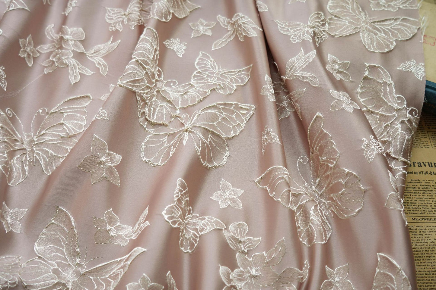 Gold Thread Butterfly Jacquard Fabric: 3D Foil Texture, 56"W, By The Meter