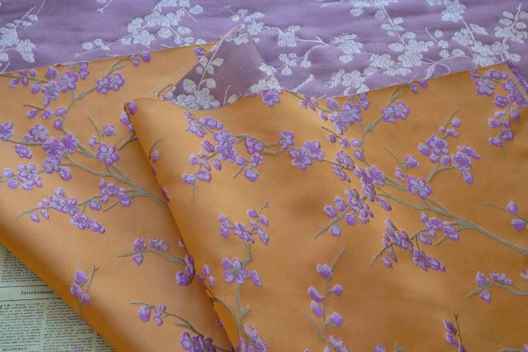 Floral Jacquard Fabric: Orange & Lilac Embossed Woven Upholstery, Costume, Sewing, DIY (59"W By 1yard) - Poppylollipop