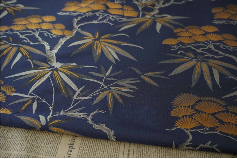 Dark Blue Ginkgo Jacquard Fabric: Polyester Upholstery & Dress Material
