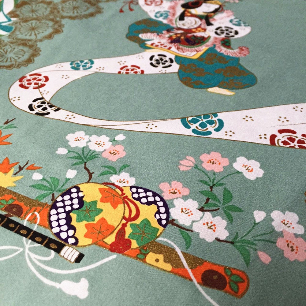 Geisha Dance Cotton Fabric: Japanese Bronzing Print, Sewing, Costume, Home Decor