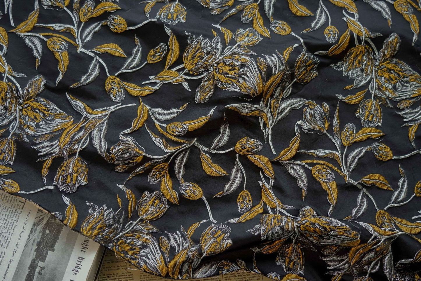Gold Thread Jacquard Fabric: 3D Embossed Floral Woven Upholstery - 62"W