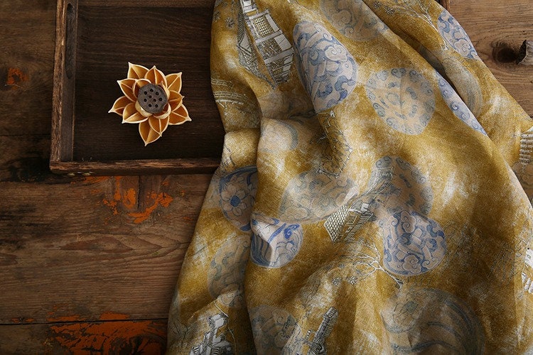 Ancient Building Print Ramie Fabric: Natural Fiber Sewing Material