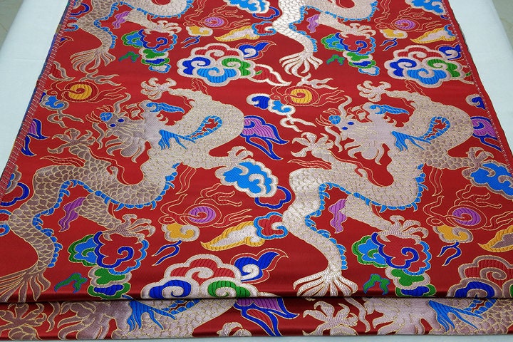 Red Dragon Brocade Fabric: Chinese Wedding Cheongsam Tapestry (27.5"W)