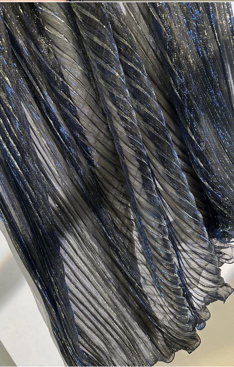 Blue Gold Glitter Pleated Organza Mesh Fabric, 59"W, Shiny Sheer