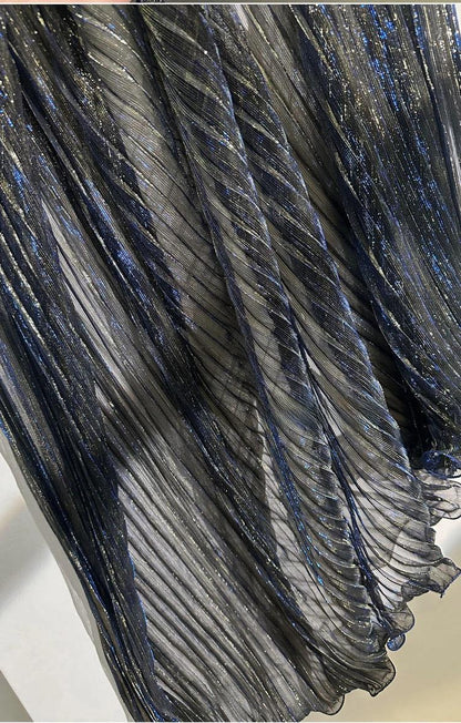 Blue Gold Glitter Pleated Organza Mesh Fabric, 59"W, Shiny Sheer