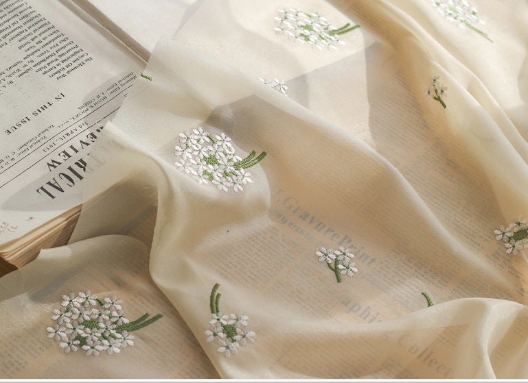 Hydrangea Embroidered Chiffon Fabric: Apricot Sheen, 57" Wide - By The Meter
