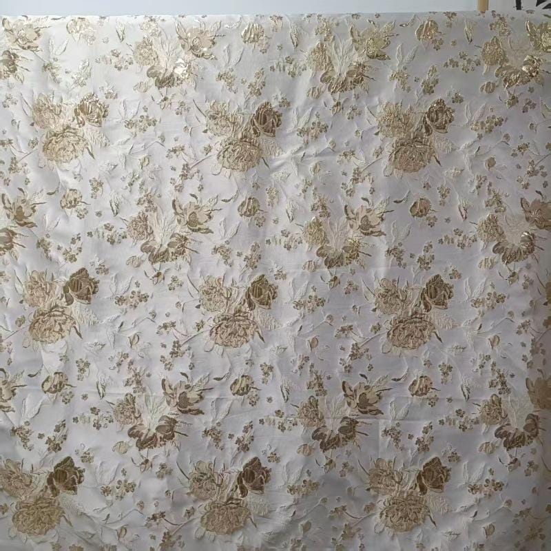 White Peony Jacquard Fabric: Embossed Gold Thread, 59" Wide