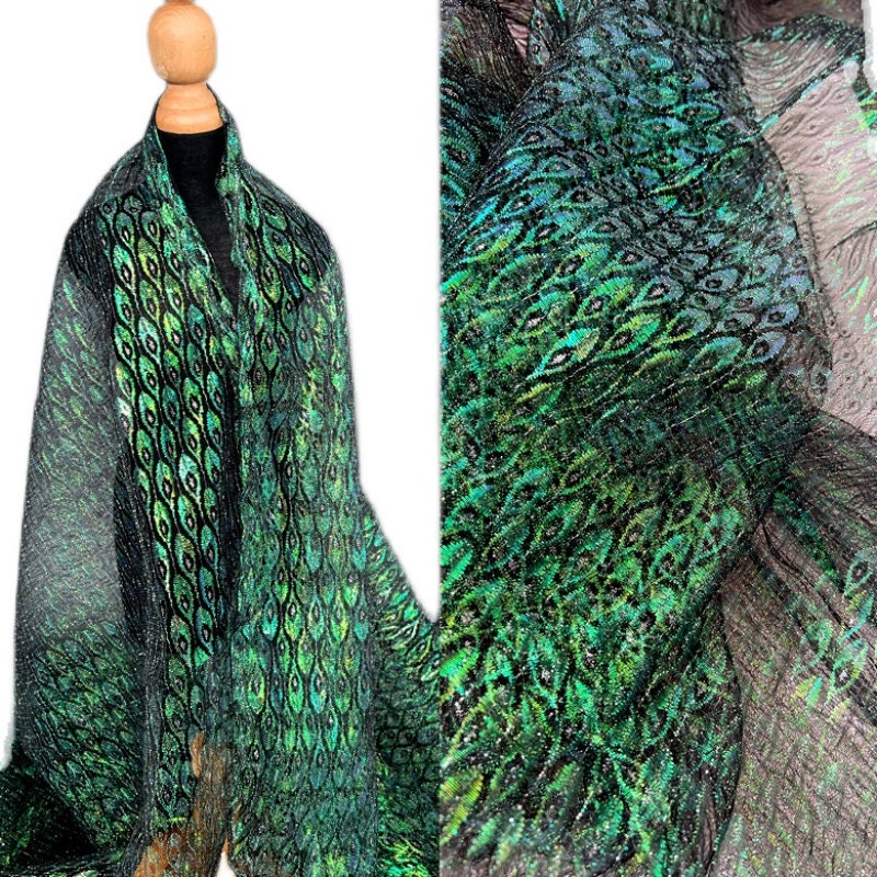 Laser Peacock Feather Mesh Fabric, Colorful See Through Lace