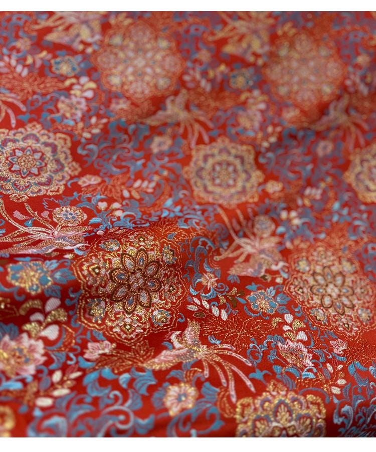 Tissu brocart pivoine phénix - Satin style chinois, 142 cm de large