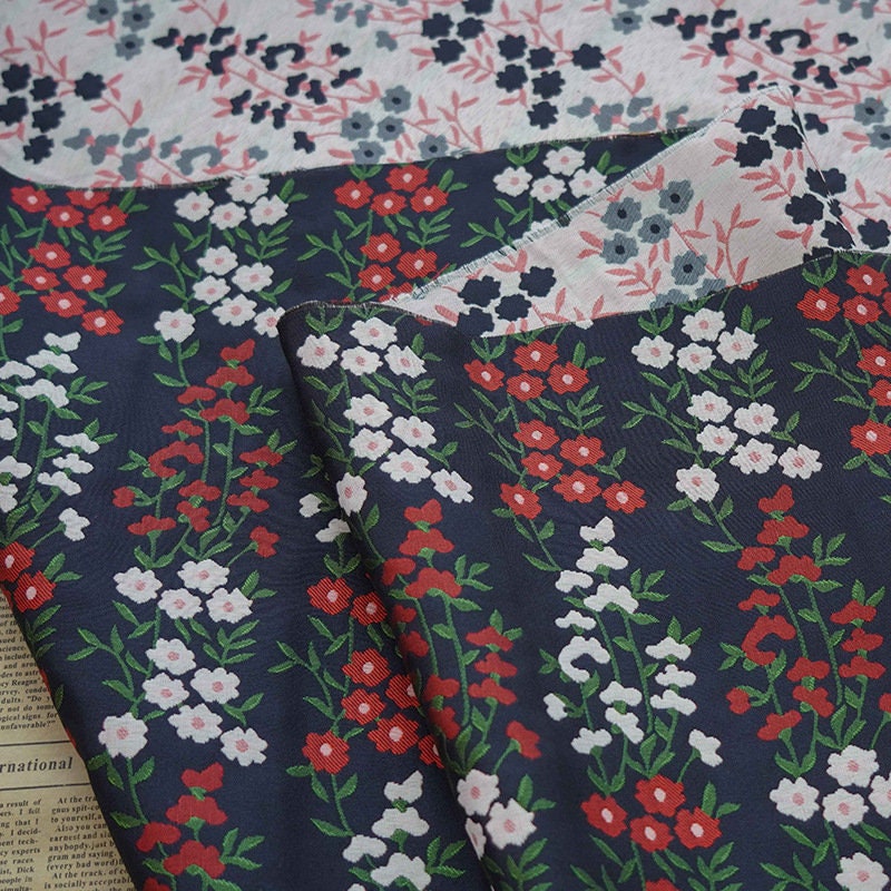 Dark Blue Floral Jacquard Fabric: Reversible Embossed Weave, 57"W