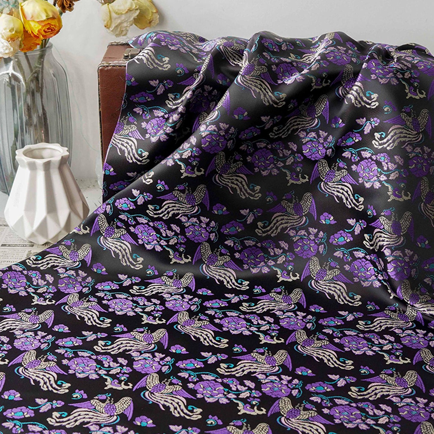 Tissu jacquard pivoine Phoenix Delight : style dynastie Song chinoise, 150 cm de large