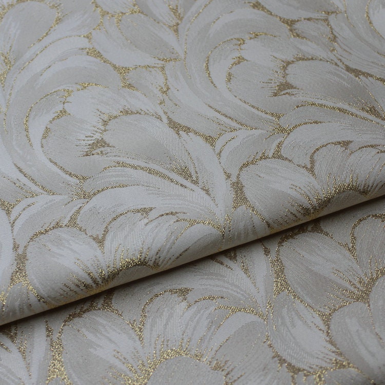 Off White Jacquard Fabric: 3D Gold Flower Design, 55" Wide