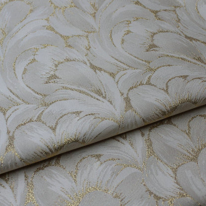 Off White Jacquard Fabric: 3D Gold Flower Design, 55" Wide