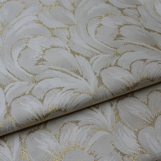 Tissu jacquard blanc cassé : motif floral doré en 3D, largeur 140 cm
