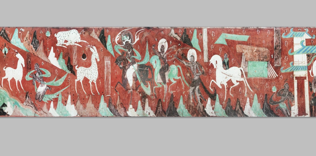 Nine-Color Deer Print Ramie Fabric: Dunhuang Style, 57"W