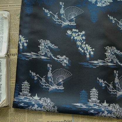 Jacquard Fabric: Ancient Fan Pattern Silk Rayon Blend, 67"W