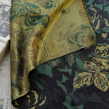 Green Jacquard Woven Fabric: 3D Gold Thread Embossed Texture, 61"W - Upholstery & Costume