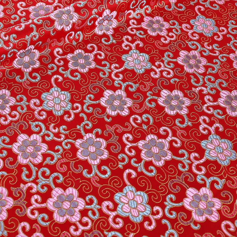 Floral Vine Silk Brocade Fabric: Red Cheongsam Upholstery, 57"W