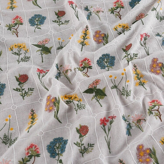 Floral Embroidery Cotton Fabric: Multicolour Plants, 49" Wide