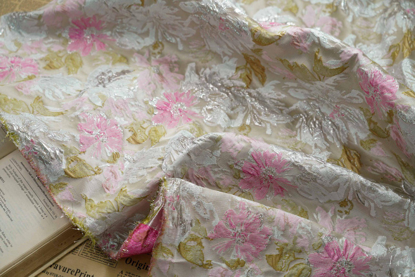 Gold Thread Floral Jacquard Fabric: Shimmering Embossed Weave, 55"W