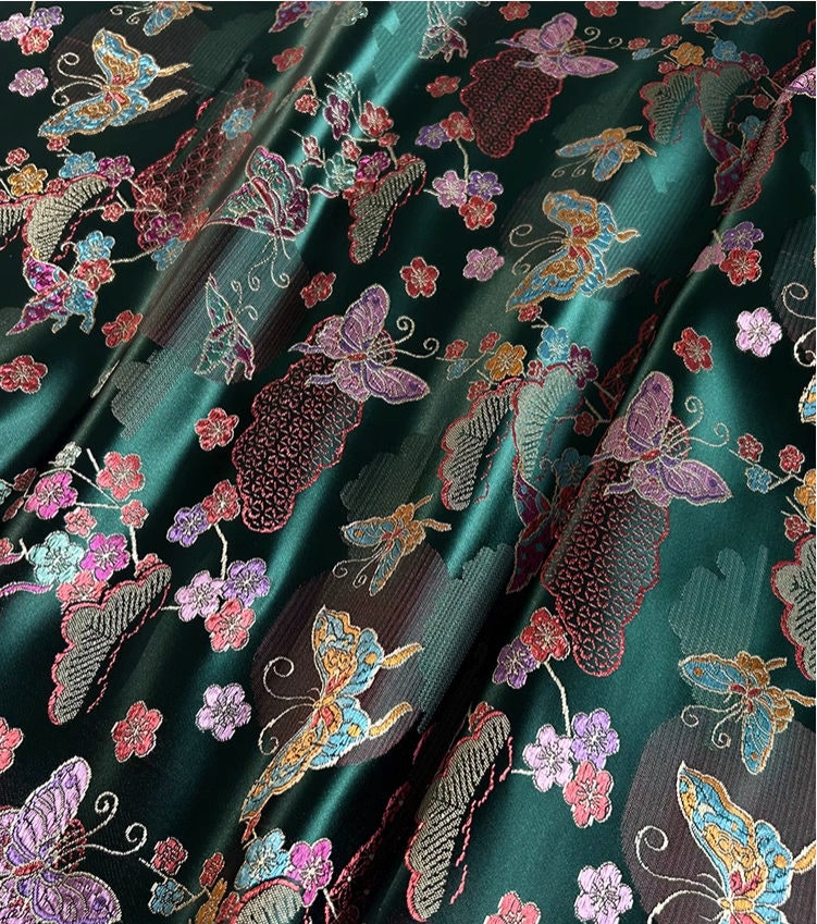 Butterfly Floral Brocade Fabric: Dark Green Rayon Silk Jacquard (47"W)