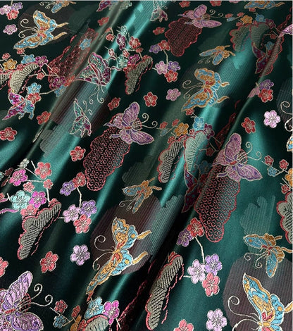 Butterfly Floral Brocade Fabric: Dark Green Rayon Silk Jacquard (47"W)