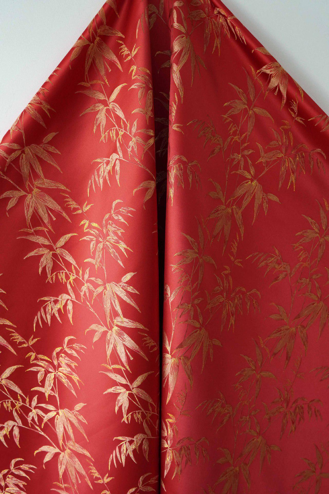 Red Brocade Fabric ��� Golden Bamboo Leaves Jacqua" Wide