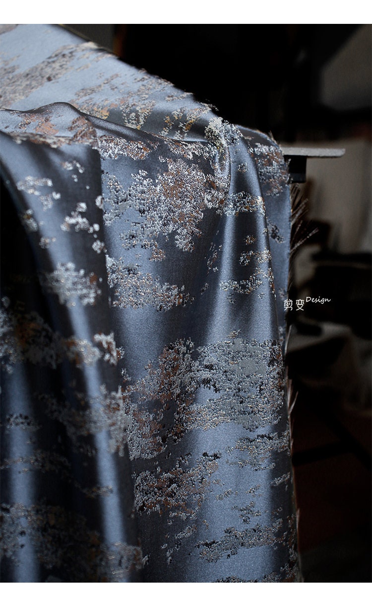 Gilt Jacquard Fabric: Gray Blue Embossed Silk Texture, 59"W