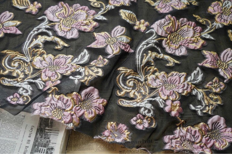 Gold Thread Floral Jacquard Fabric: 3D Oil Painting Texture, 55" Wide