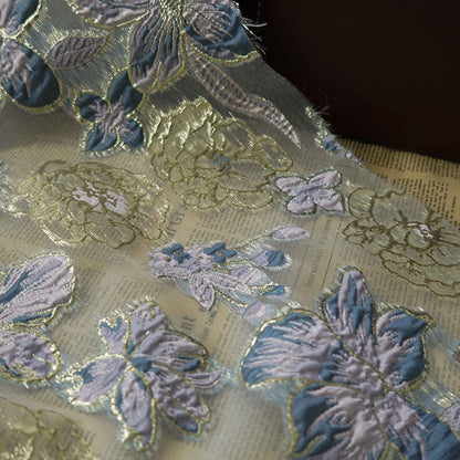Blue & Gold Floral Organza Jacquard Fabric - 56" Wide