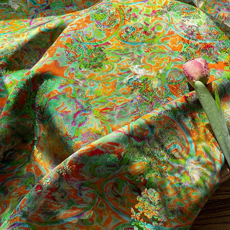Rayon Silk Jacquard Xiangyun Fabric, Flowing Rainbow Vine Handcrafted Textile for Dressmaking, Quilting, DIY Sewi"W