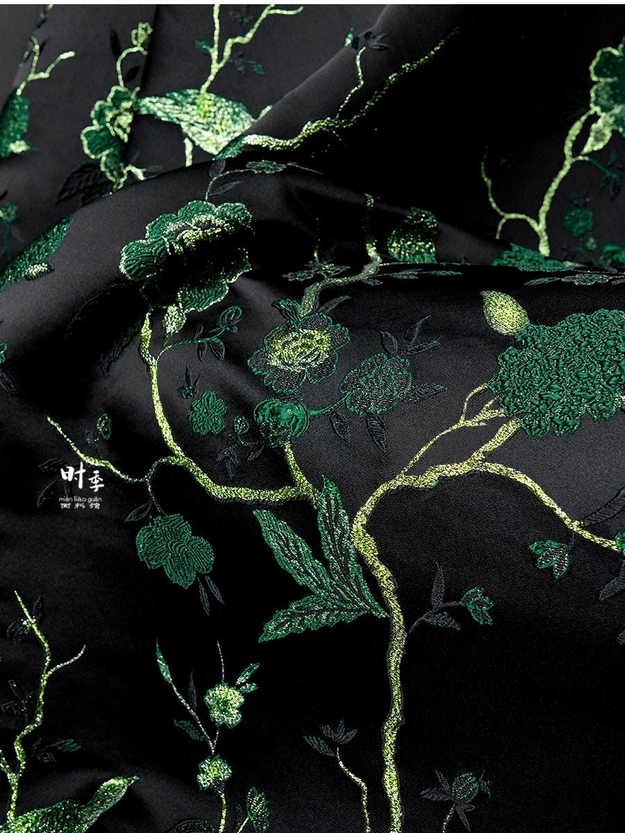 Black & Jade Green Brocade Fabric | 3D Textured Jacquard, 55" Wide