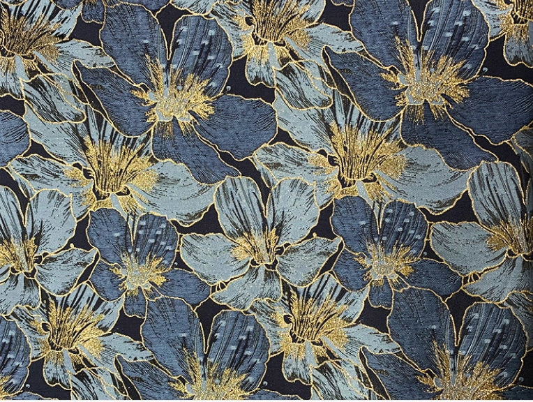 Gold Thread Jacquard Fabric: Blue Floral 3D Texture, 63" Wide