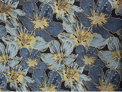 Gold Thread Jacquard Fabric: Blue Floral 3D Texture, 63" Wide