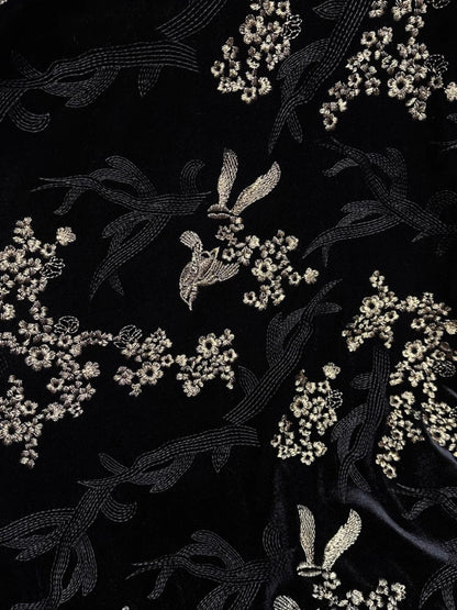 Embroidered Velvet Fabric: Beaded Pillar Design, 43"W Designer Material