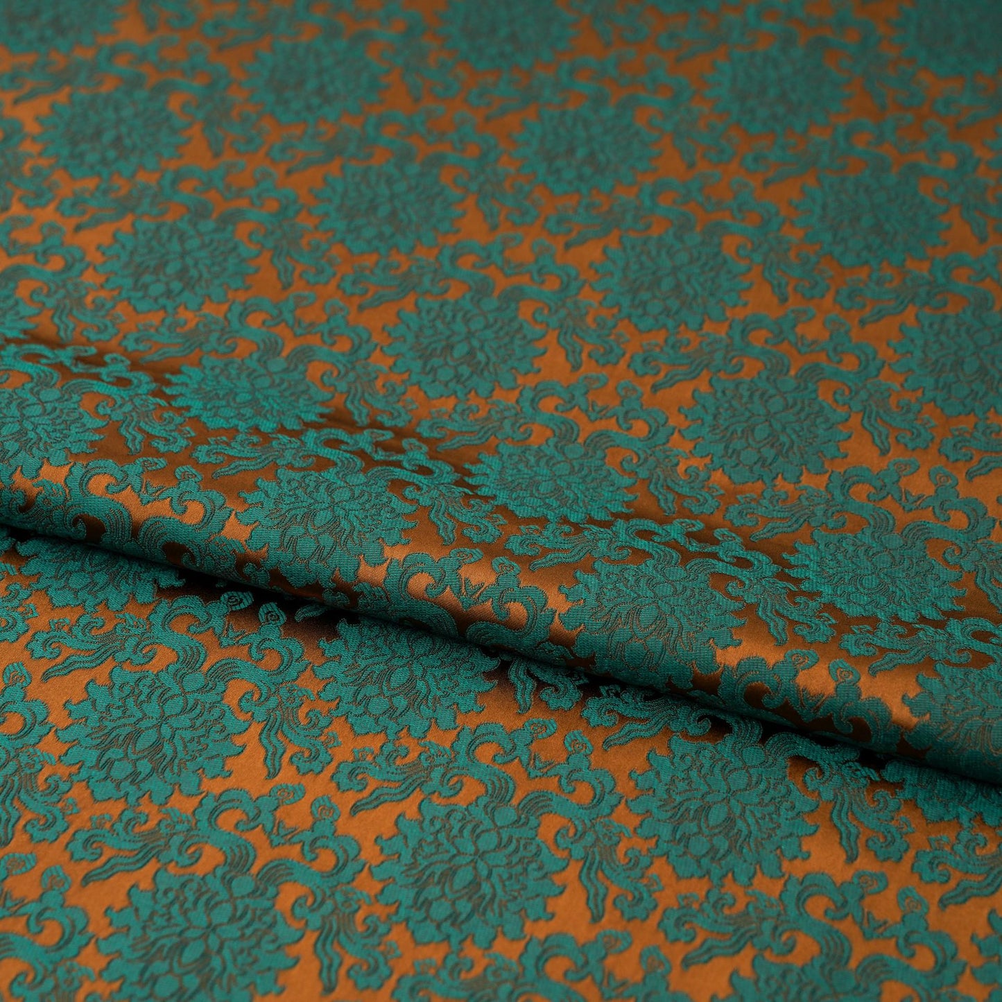 Japanese Kinran Brocade Fabric: Teal & Gold Floral, 29.5"W, By The Meter