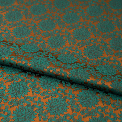 Japanese Kinran Brocade Fabric: Teal & Gold Floral, 29.5"W, By The Meter