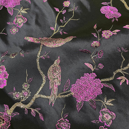 Metallic Brocade Fabric: Damask Jacquard Satin, 57"W, Floral Bird Pattern