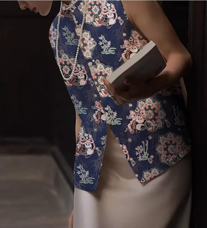 Panda Brocade Fabric: Blue Silk Blend, Cheongsam Qipao Material (58" Wide)