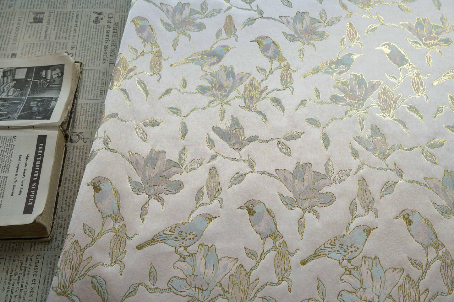 Floral Gold Jacquard Satin Fabric: Brocade Textile, Dressmaking & Upholstery (64" Wide, By The Meter)