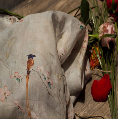 Tissu ramie au mètre : imprimé floral et oiseaux, textile doux et respirant