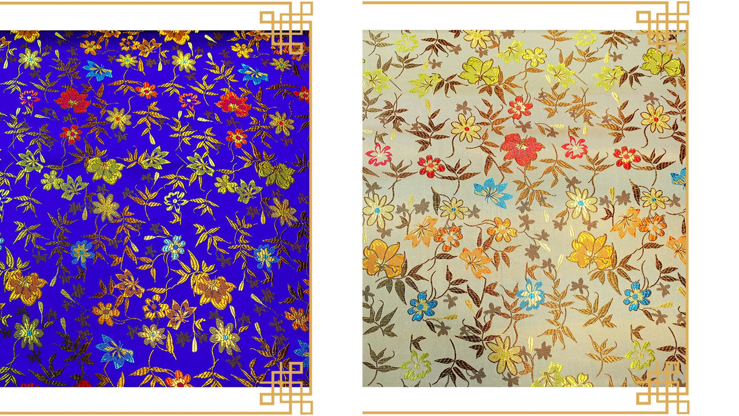 Tissu brocart de soie à motif floral : satin de rayonne Golden Bud (45 po L)