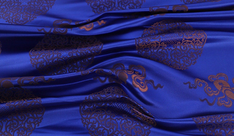 Tissu brocart bleu : Jacquard de rayonne de style sino-mongol (largeur : 75 cm)