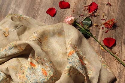 Floral Bird Ramie Fabric: 55" Wide, Soft Breathable Textile