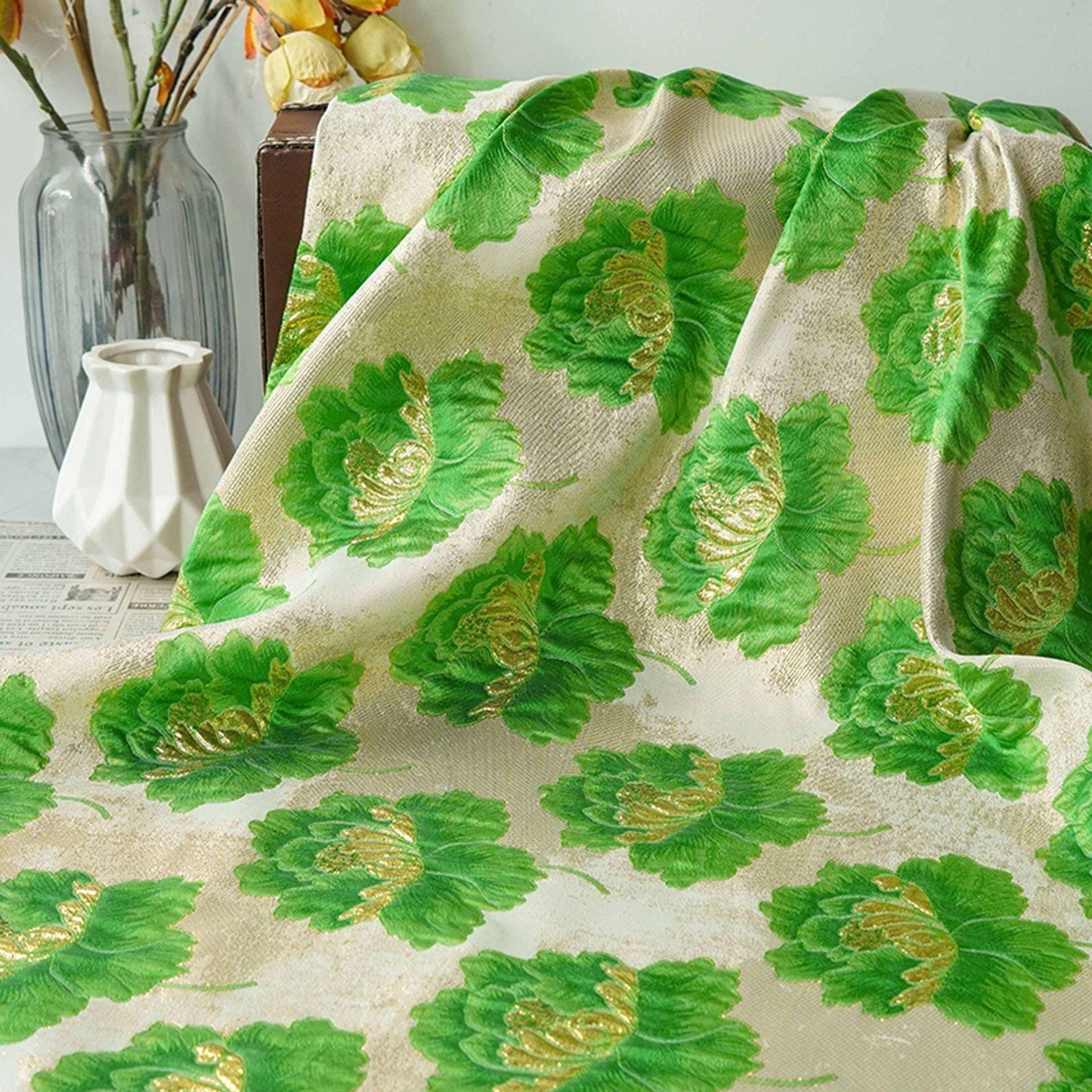 3D Embossed Peony Jacquard Fabric with Gold & Silver Threads, Woven Upholstery Fabric, 58"Wide